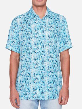 Projek Raw Linen Button-Up Shirt Mens Large Blue Tropical Short Sleeve